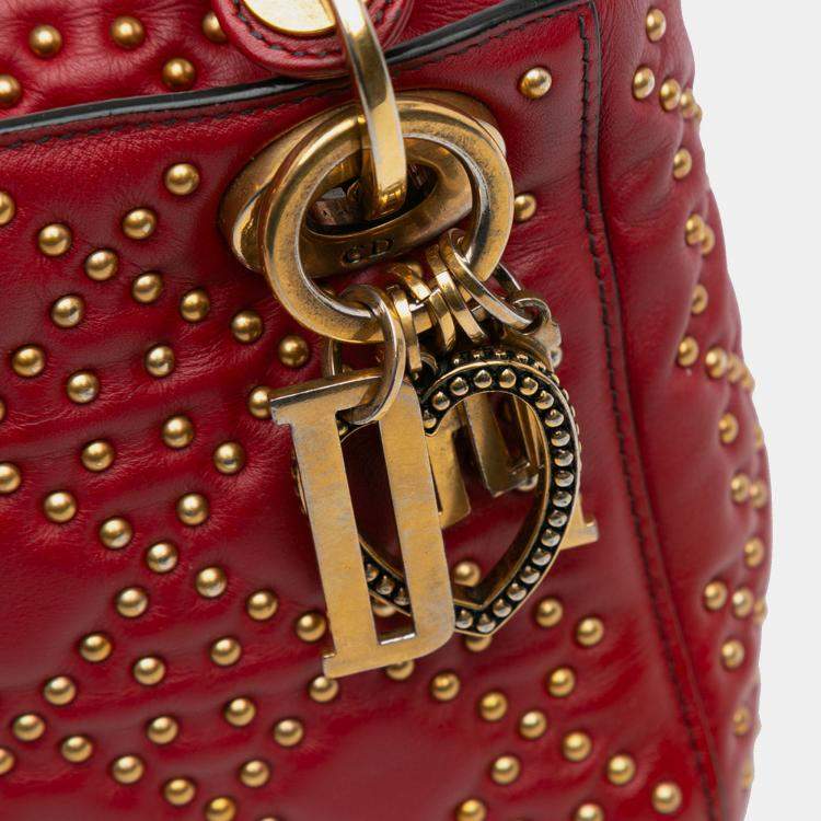 Pre Owned Dior Red Mini Lambskin Cannage Studded Supple Lady Dior