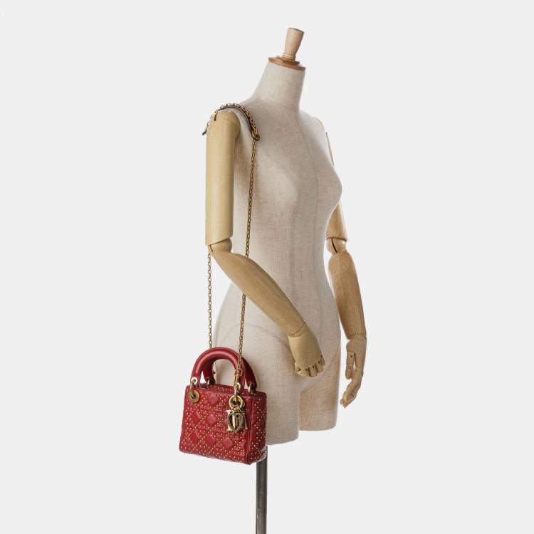 Pre Owned Dior Red Mini Lambskin Cannage Studded Supple Lady Dior