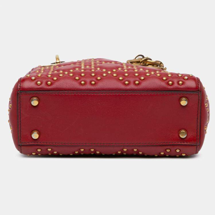 Pre Owned Dior Red Mini Lambskin Cannage Studded Supple Lady Dior