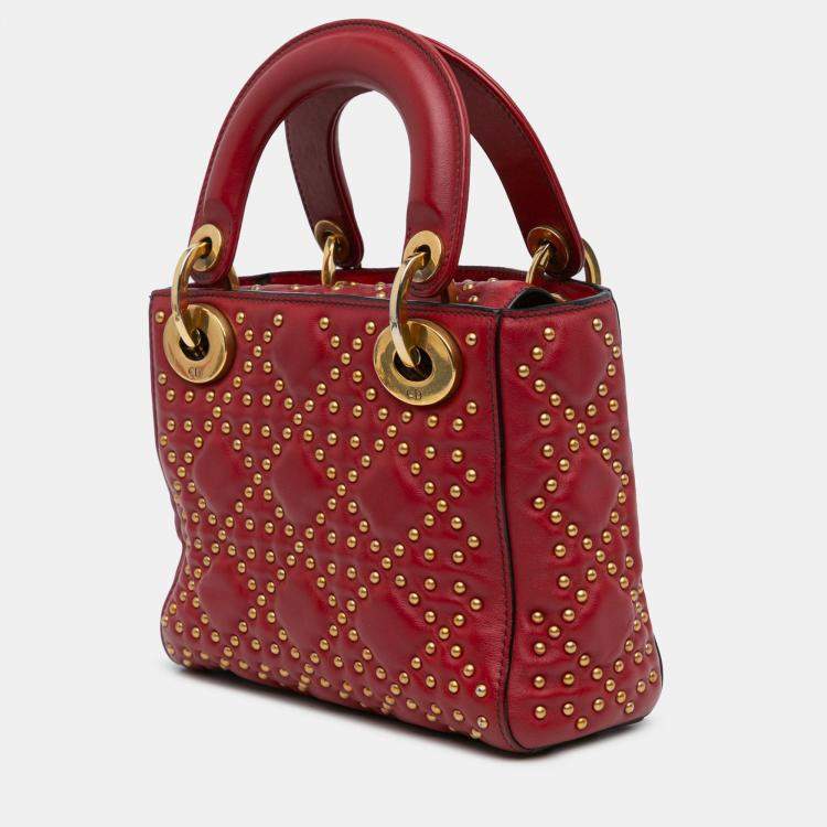 Pre Owned Dior Red Mini Lambskin Cannage Studded Supple Lady Dior