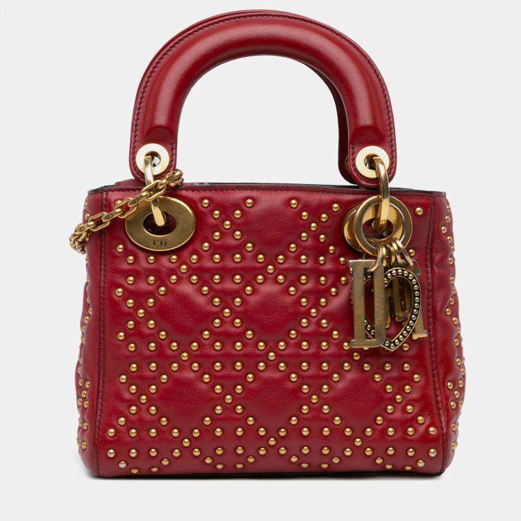 Pre Owned Dior Red Mini Lambskin Cannage Studded Supple Lady Dior