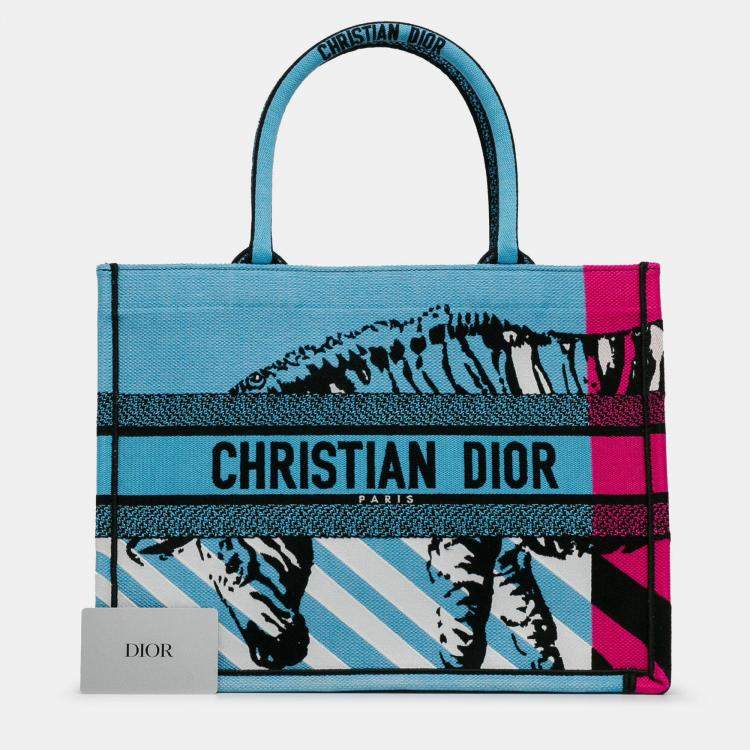Pre Owned Dior Blue Medium Embroidered Canvas Zebra D Jungle Pop Book Tote