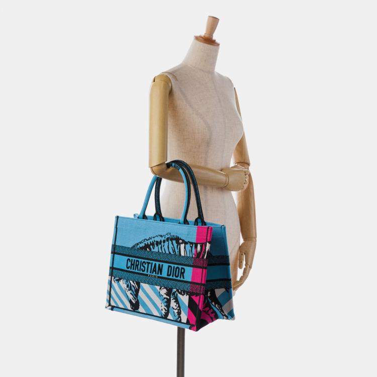 Pre Owned Dior Blue Medium Embroidered Canvas Zebra D Jungle Pop Book Tote