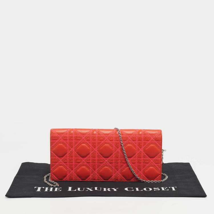 Pre Owned Dior Orange Stitch Cannage Leather Lady Dior Chain Clutch