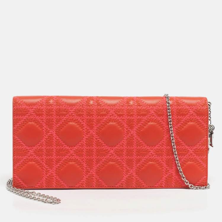 Pre Owned Dior Orange Stitch Cannage Leather Lady Dior Chain Clutch