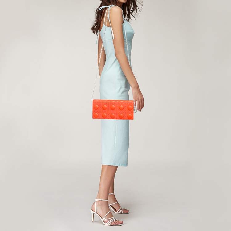 Pre Owned Dior Orange Stitch Cannage Leather Lady Dior Chain Clutch