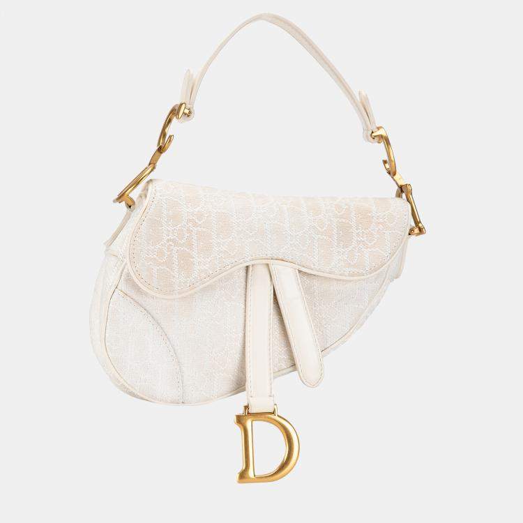 Pre Owned Dior White Mini Oblique Canvas Saddle Bag