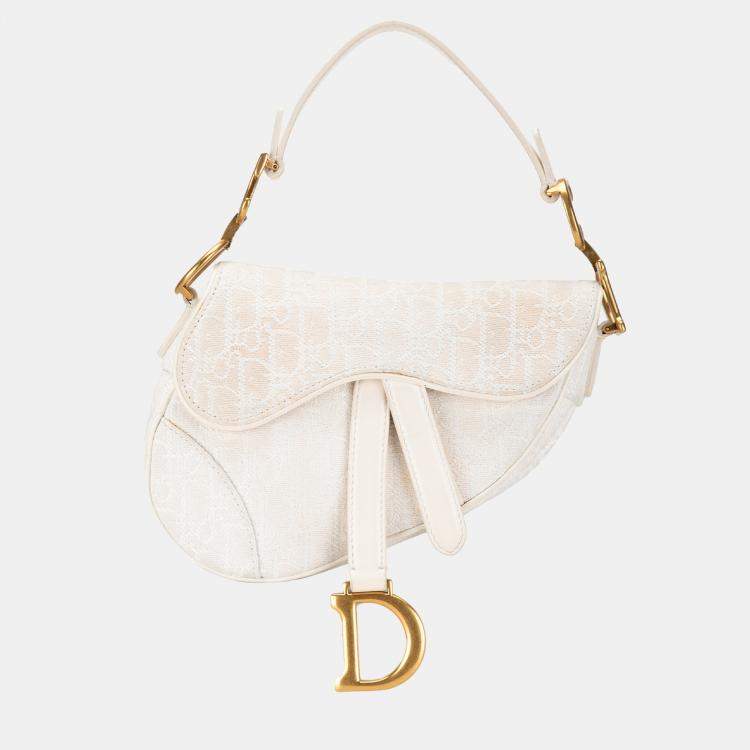 Pre Owned Dior White Mini Oblique Canvas Saddle Bag