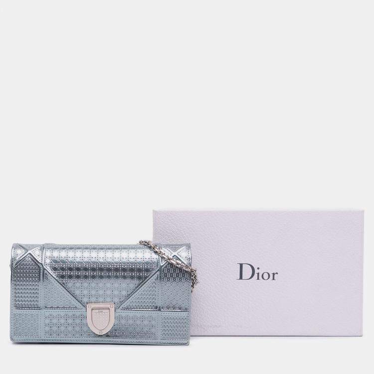 Pre Owned Dior Blue Metallic Patent Microcannage Diorama Wallet on Chain