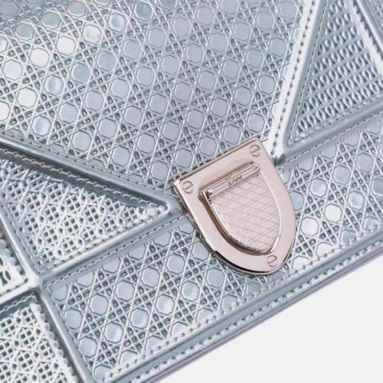 Pre Owned Dior Blue Metallic Patent Microcannage Diorama Wallet on Chain