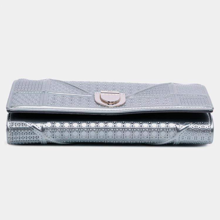 Pre Owned Dior Blue Metallic Patent Microcannage Diorama Wallet on Chain