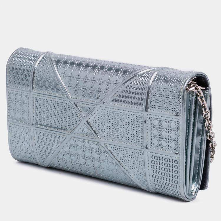 Pre Owned Dior Blue Metallic Patent Microcannage Diorama Wallet on Chain