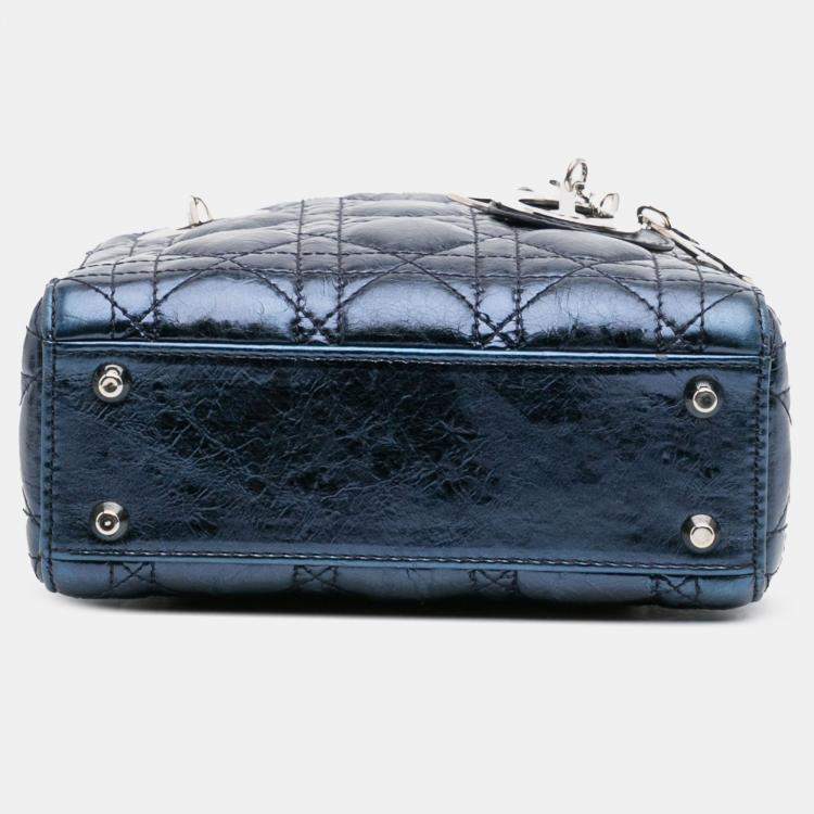 Pre Owned Dior Blue Mini Crinkled Calfskin Cannage Lady Dior