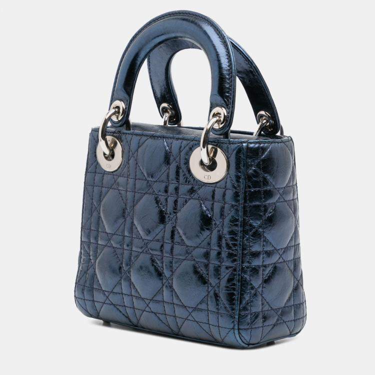 Pre Owned Dior Blue Mini Crinkled Calfskin Cannage Lady Dior