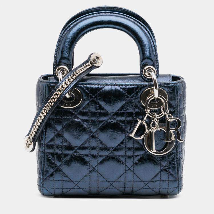 Pre Owned Dior Blue Mini Crinkled Calfskin Cannage Lady Dior