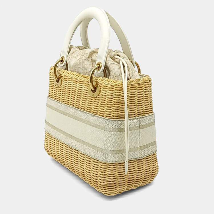 Pre Owned Dior Cream Canvas Rattan Lady Bag Medium