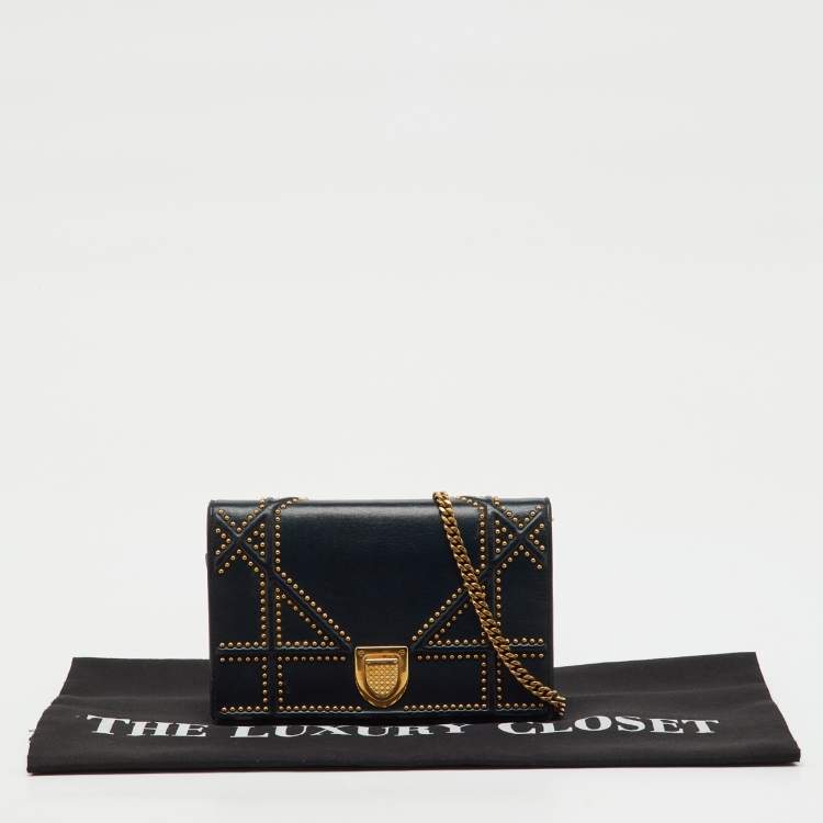 Pre Owned Dior Black Leather Studded Diorama Wallet On Chain