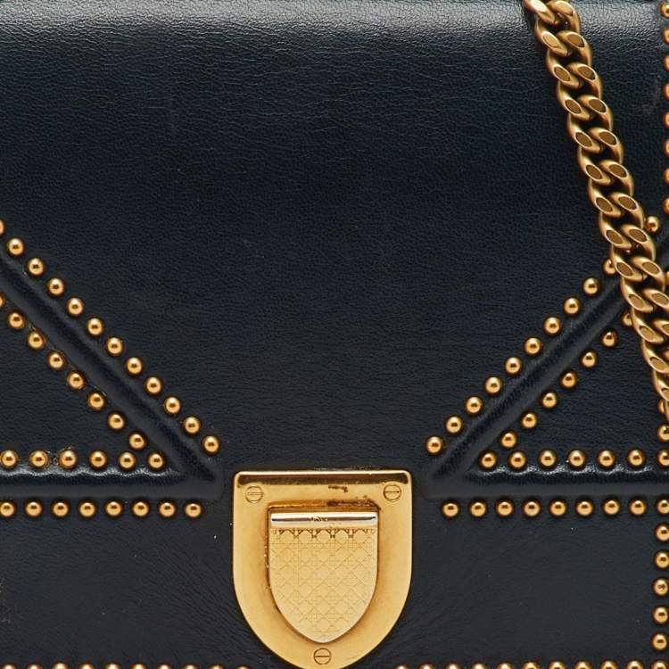 Pre Owned Dior Black Leather Studded Diorama Wallet On Chain