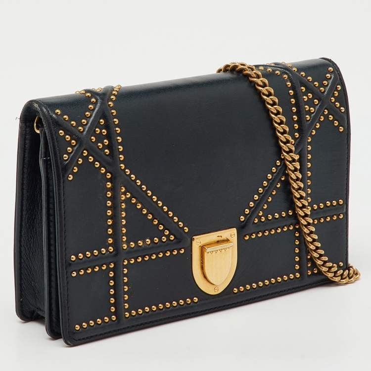 Pre Owned Dior Black Leather Studded Diorama Wallet On Chain