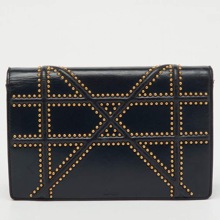 Pre Owned Dior Black Leather Studded Diorama Wallet On Chain