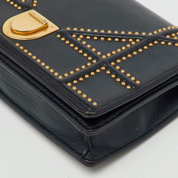 Pre Owned Dior Black Leather Studded Diorama Wallet On Chain