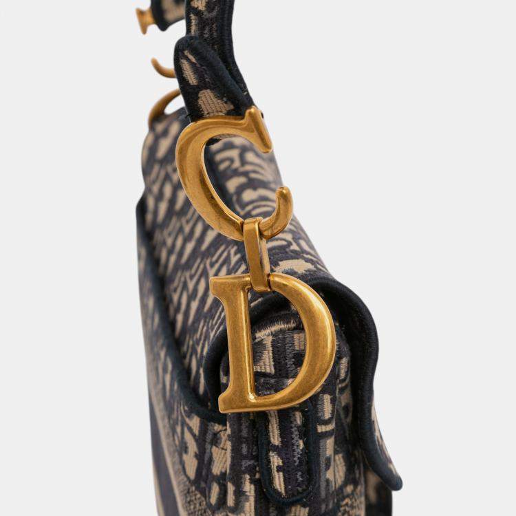 Pre Owned Dior Blue Oblique Embroidered Canvas Saddle Bag