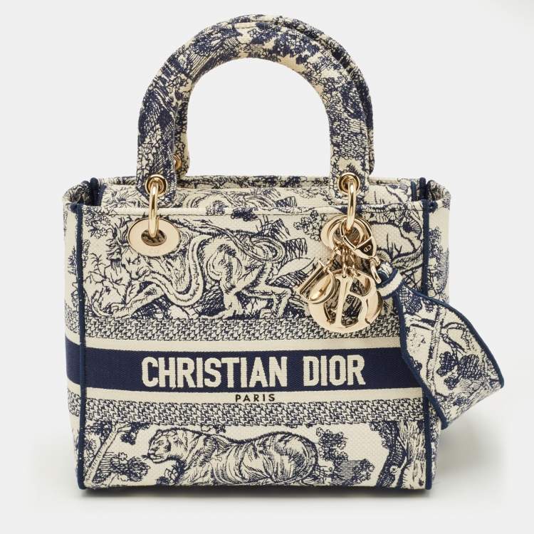 Pre Owned Dior Navy Blue/White Embroidered Canvas Medium Toile de Jouy Lady D-Lite Tote