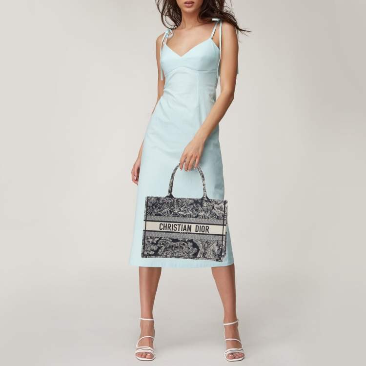 Pre Owned Dior Navy Blue/Beige Toile De Jouy Embroidered Canvas Medium Book Tote