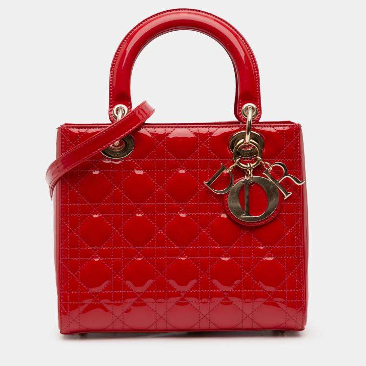 Pre Owned Dior Red Medium Patent Cannage Lady Dior