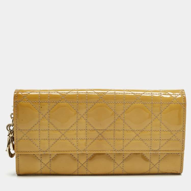 Pre Owned Dior Mustard Cannage Patent Leather Lady Dior Rendezvous Wallet on Chain