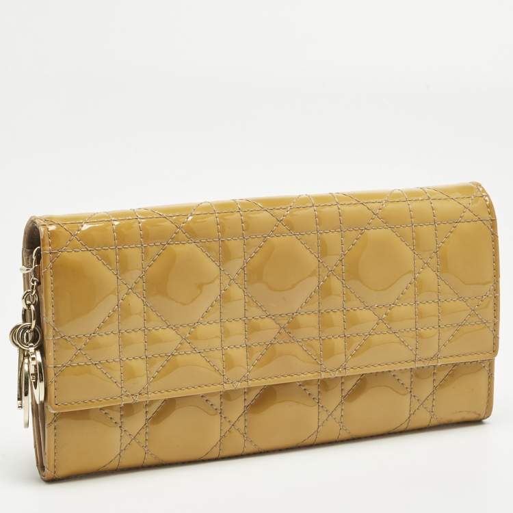 Pre Owned Dior Mustard Cannage Patent Leather Lady Dior Rendezvous Wallet on Chain