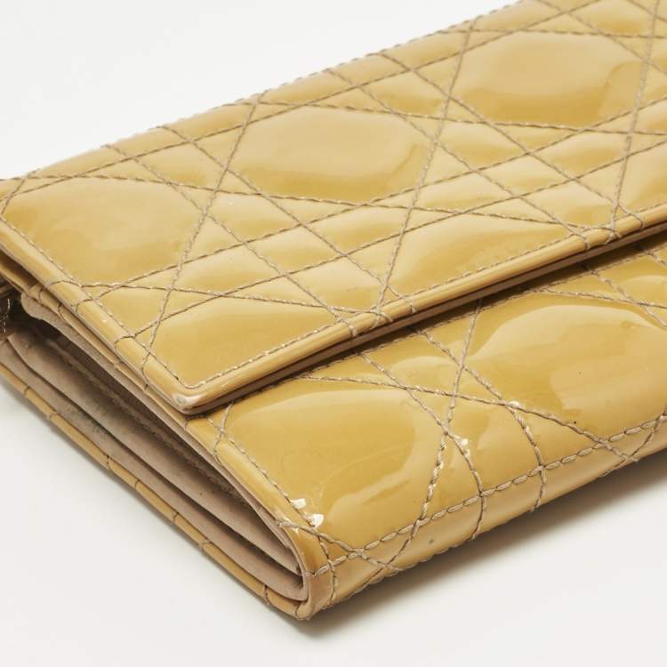 Pre Owned Dior Mustard Cannage Patent Leather Lady Dior Rendezvous Wallet on Chain