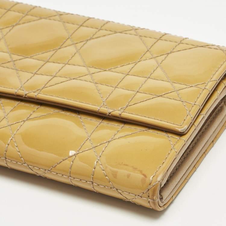 Pre Owned Dior Mustard Cannage Patent Leather Lady Dior Rendezvous Wallet on Chain