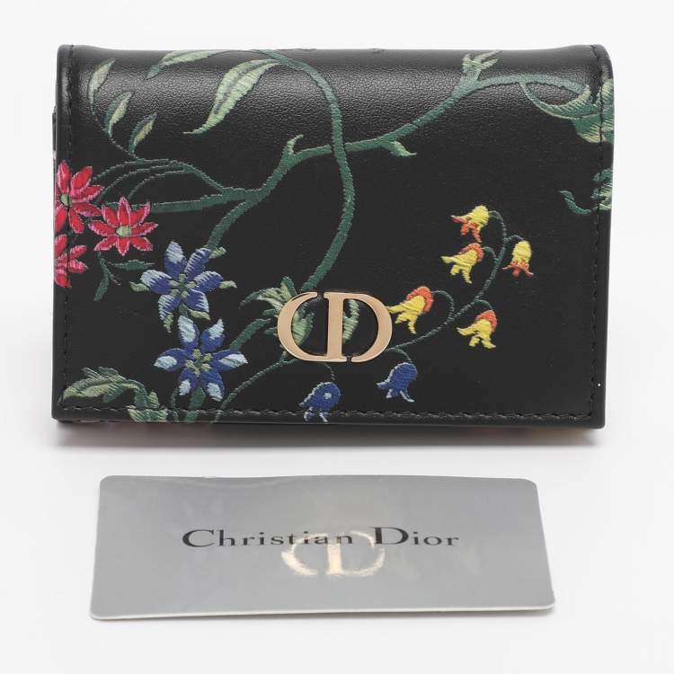 Pre Owned Dior Black Leather Petites Fleurs Embroidered Caro Glycine Wallet