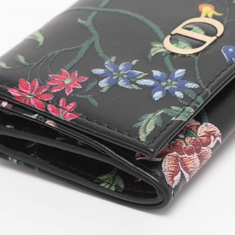 Pre Owned Dior Black Leather Petites Fleurs Embroidered Caro Glycine Wallet