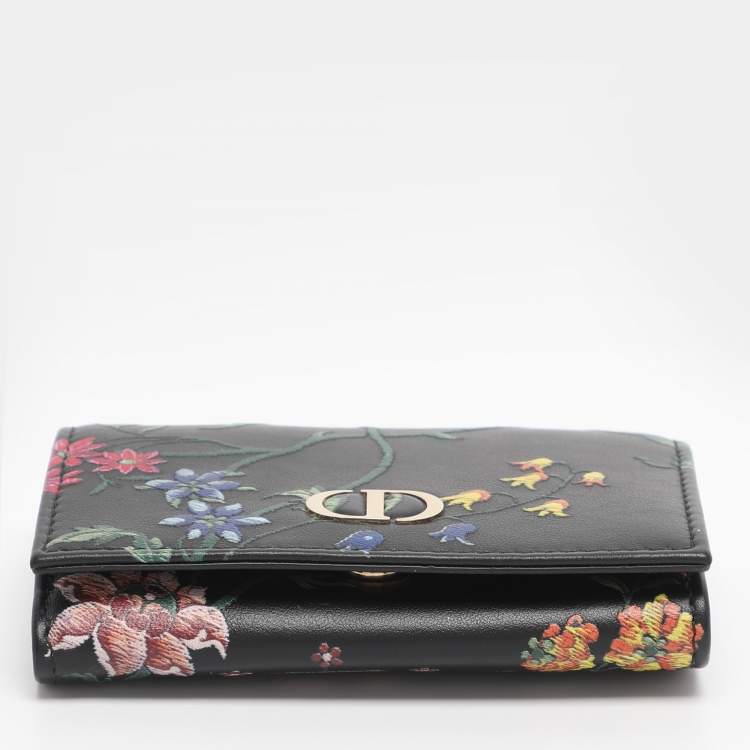 Pre Owned Dior Black Leather Petites Fleurs Embroidered Caro Glycine Wallet