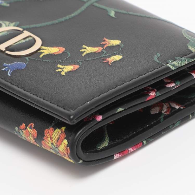Pre Owned Dior Black Leather Petites Fleurs Embroidered Caro Glycine Wallet