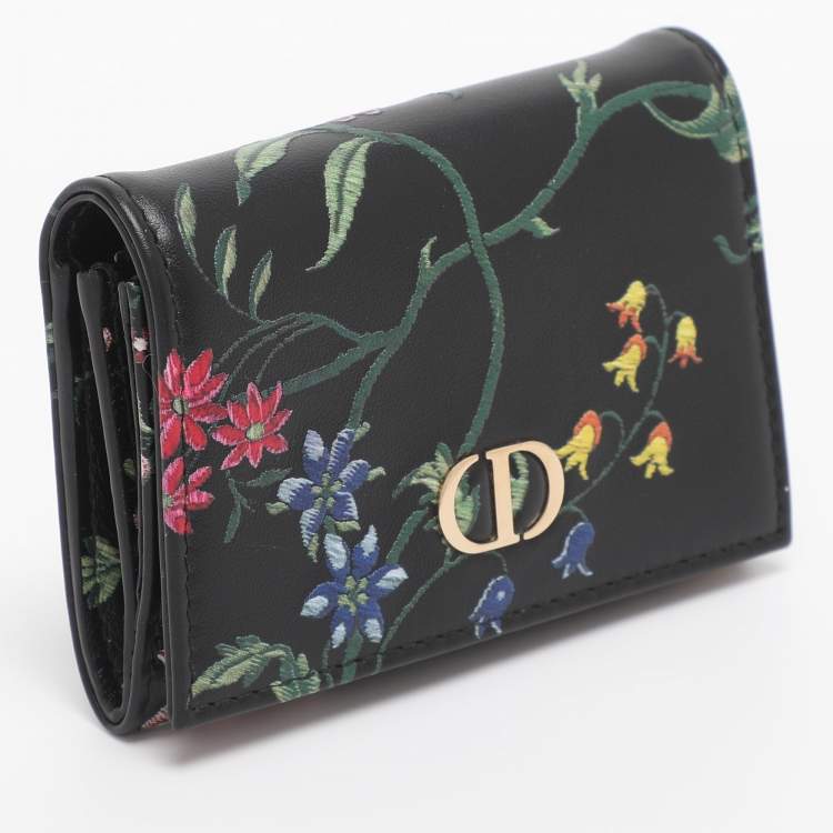 Pre Owned Dior Black Leather Petites Fleurs Embroidered Caro Glycine Wallet