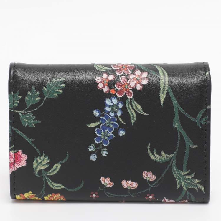 Pre Owned Dior Black Leather Petites Fleurs Embroidered Caro Glycine Wallet