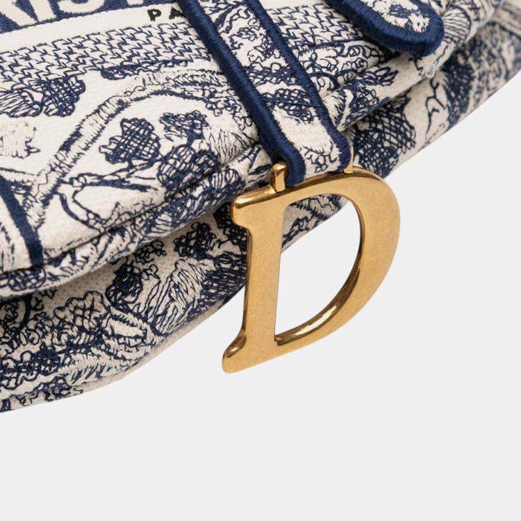 Pre Owned Dior Navy Blue Canvas Embroidered Toile de Jouy Saddle Bag