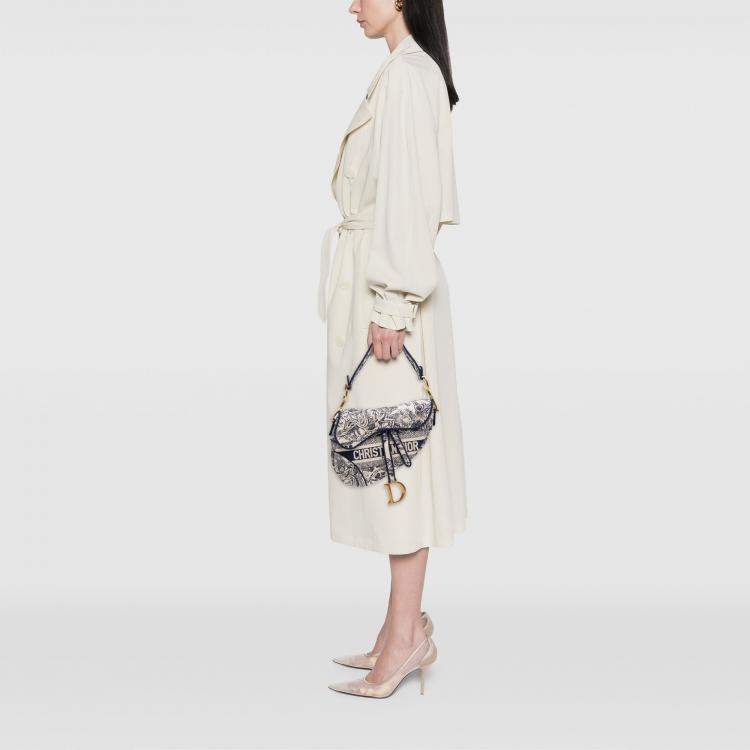 Pre Owned Dior Navy Blue Canvas Embroidered Toile de Jouy Saddle Bag