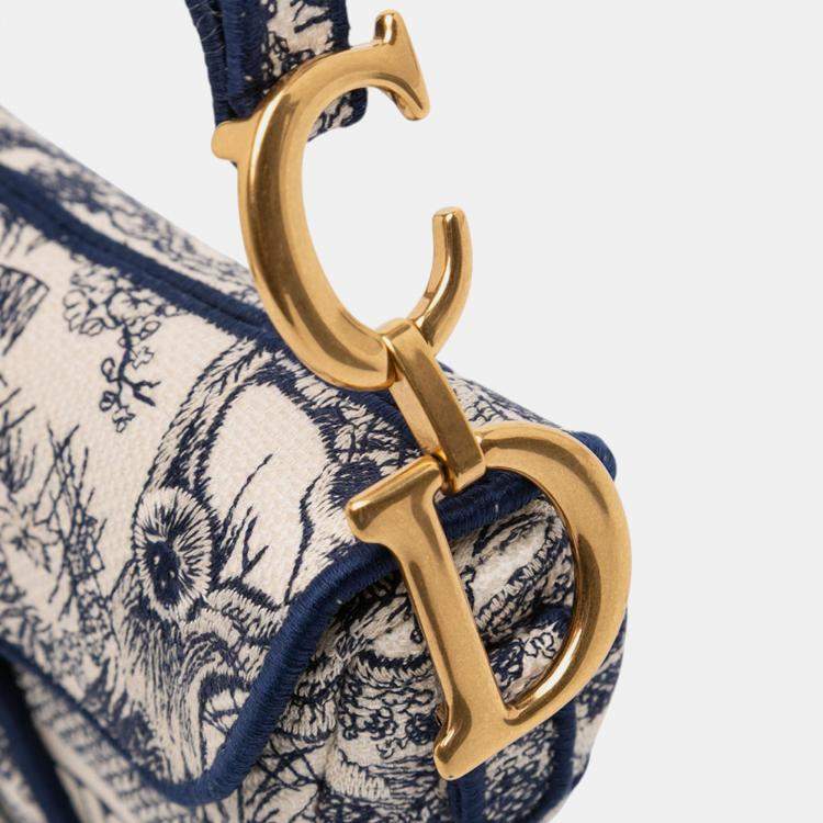 Pre Owned Dior Navy Blue Canvas Embroidered Toile de Jouy Saddle Bag