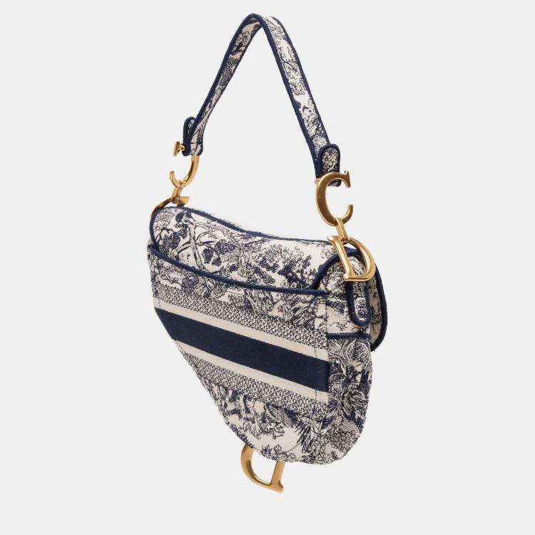 Pre Owned Dior Navy Blue Canvas Embroidered Toile de Jouy Saddle Bag