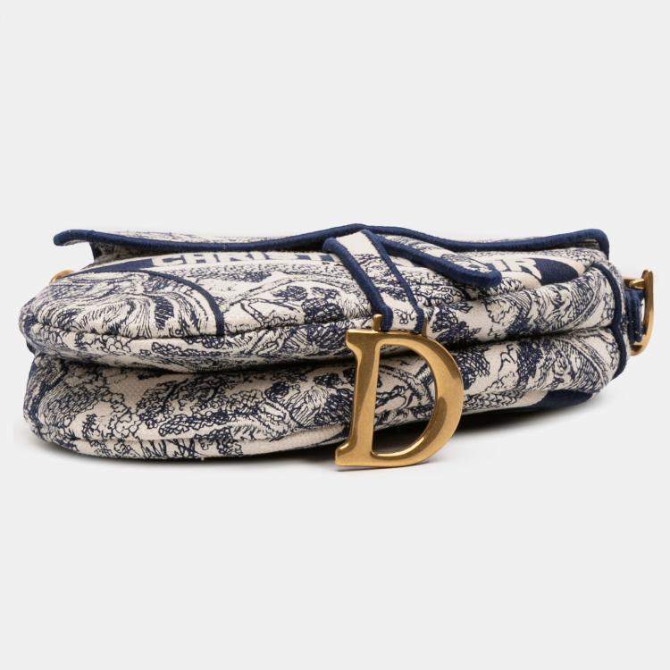 Pre Owned Dior Navy Blue Canvas Embroidered Toile de Jouy Saddle Bag