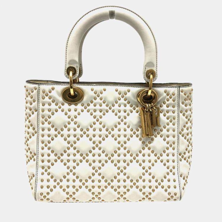 Pre Owned Christian Dior Cannage Tote Bag  Lady Dior  Handbag  Leather  White