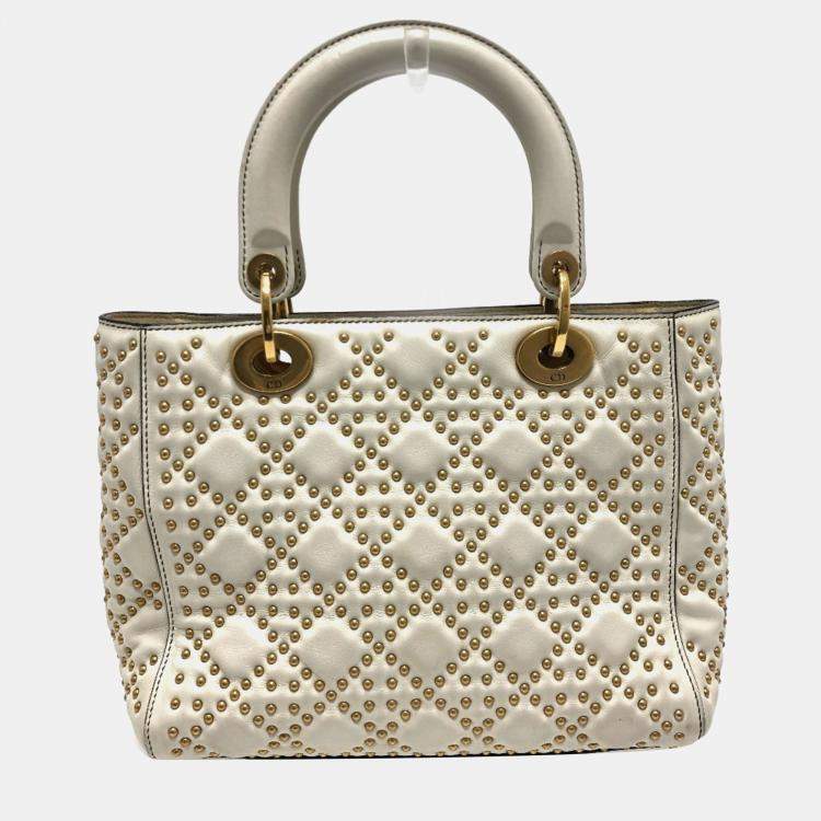 Pre Owned Christian Dior Cannage Tote Bag  Lady Dior  Handbag  Leather  White