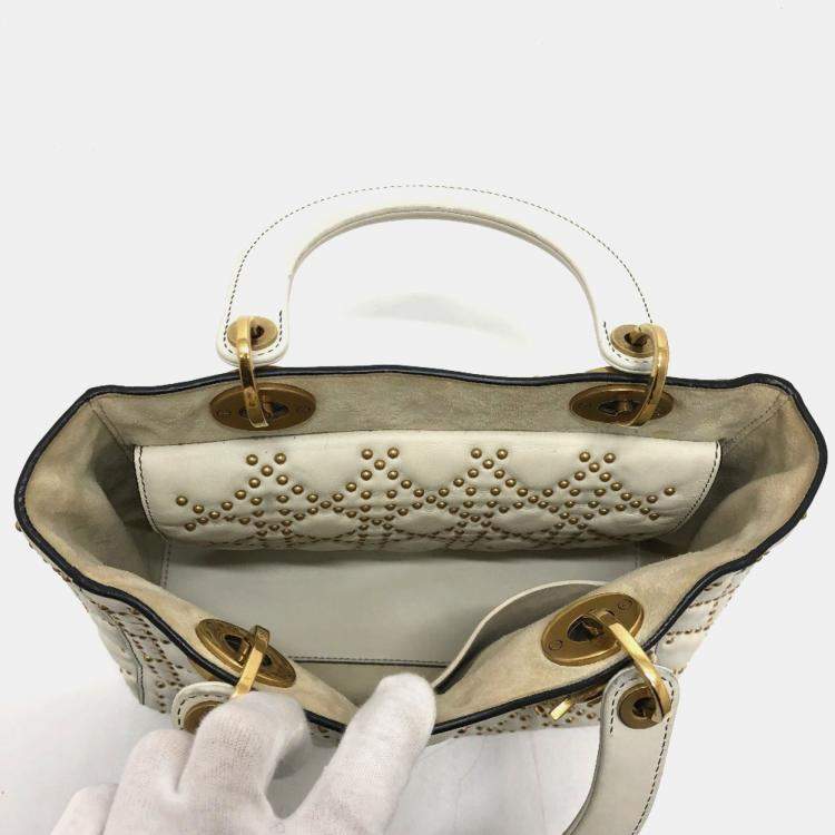 Pre Owned Christian Dior Cannage Tote Bag  Lady Dior  Handbag  Leather  White