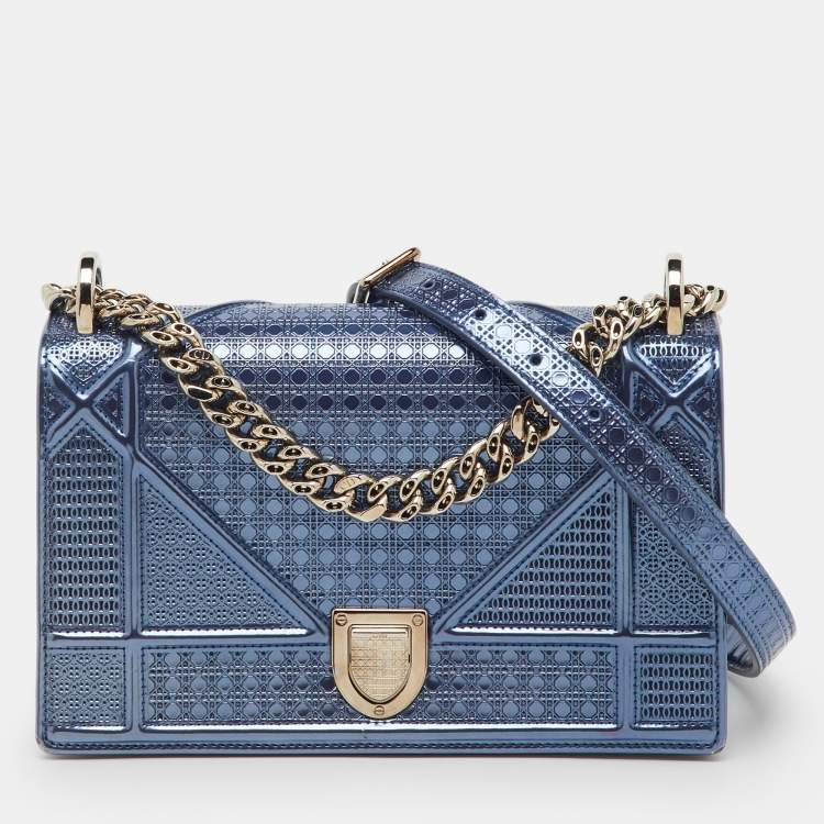 Pre Owned Dior Metallic Blue Micro Cannage Patent Leather Small Diorama Flap Bag