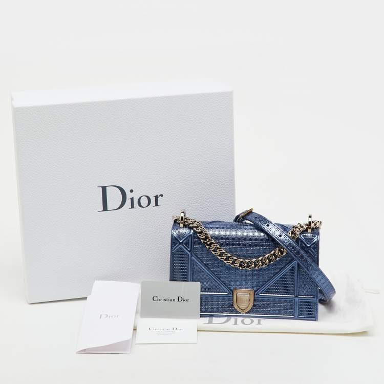Pre Owned Dior Metallic Blue Micro Cannage Patent Leather Small Diorama Flap Bag