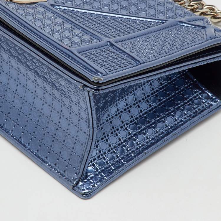 Pre Owned Dior Metallic Blue Micro Cannage Patent Leather Small Diorama Flap Bag